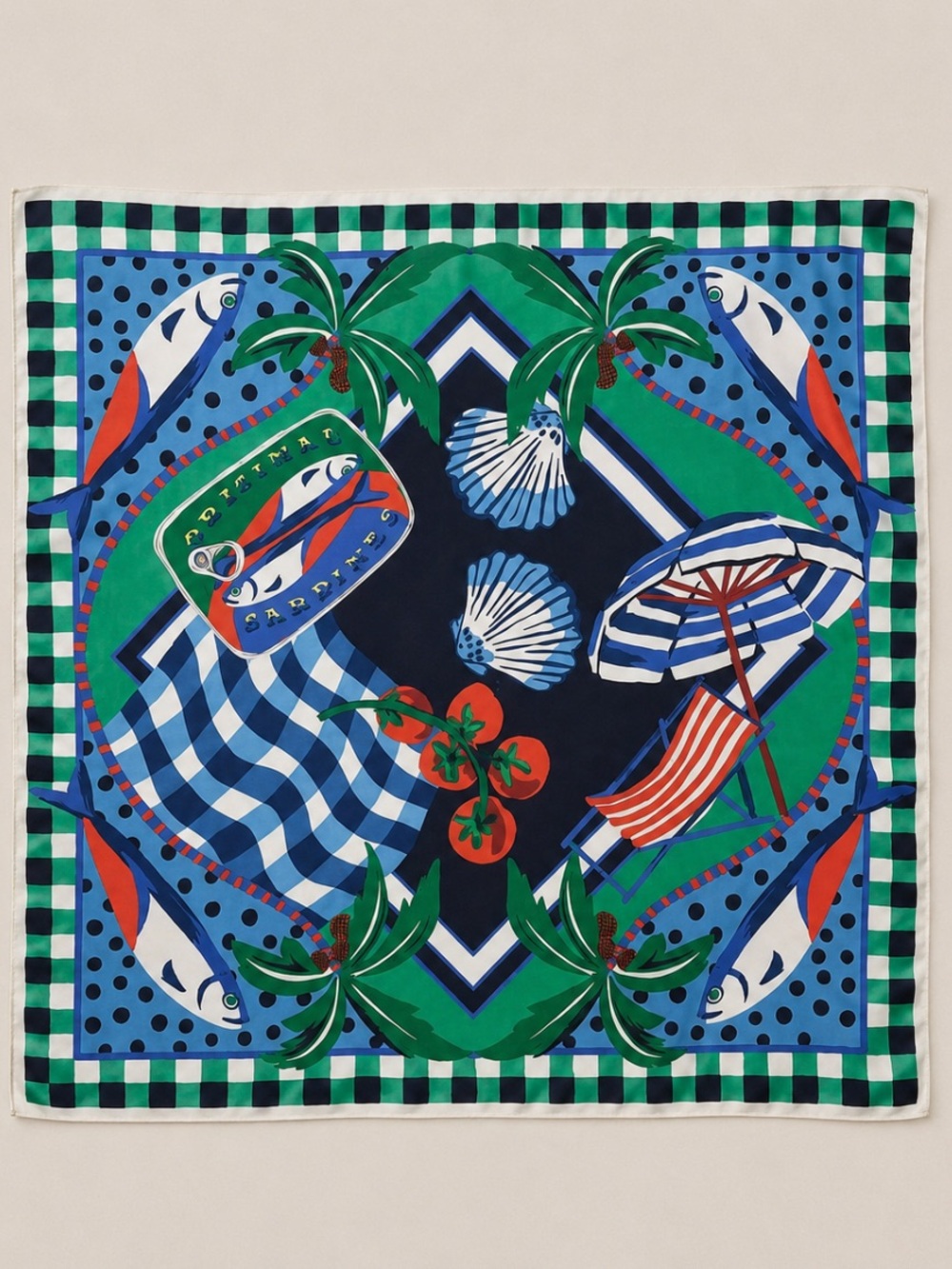 Beach Print Silky Scarf in Blue, Green & Red